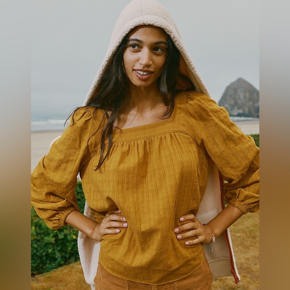 Madewell Antique Gold Square-Neck Bubble-Sleeve Top in Plaid NWT